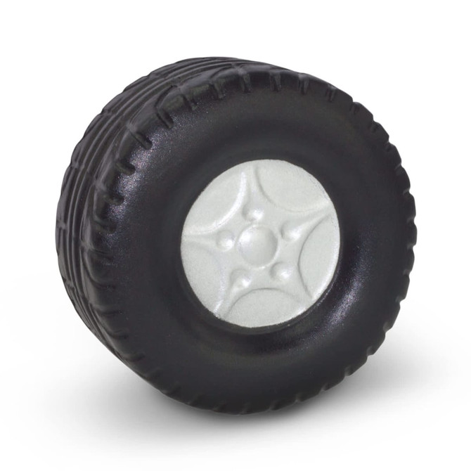 A stress wheel designed like a tire, featuring detailed tread patterns and a silver hubcap.