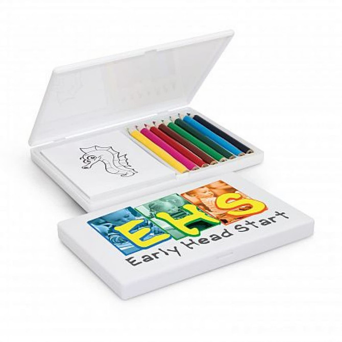 A colouring set featuring a white case with vibrant coloured pencils in shades of blue, green, pink, and yellow.