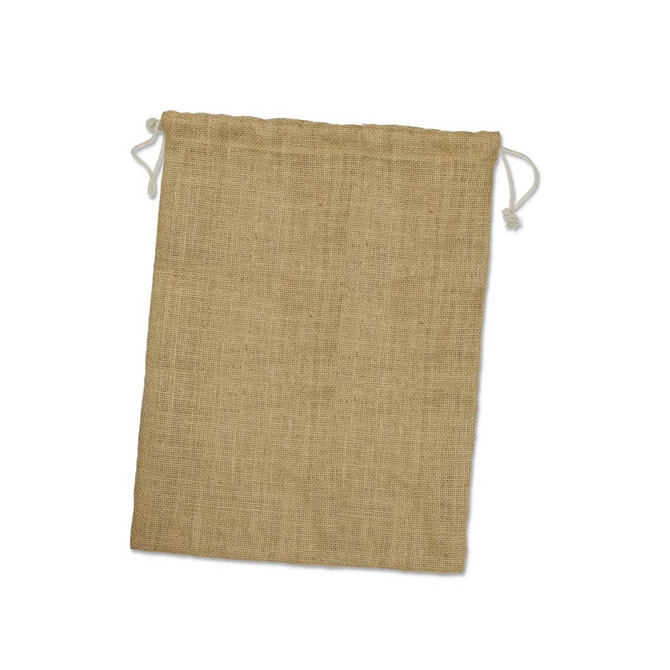 A large jute gift bag with a drawstring closure, featuring a natural burlap texture.