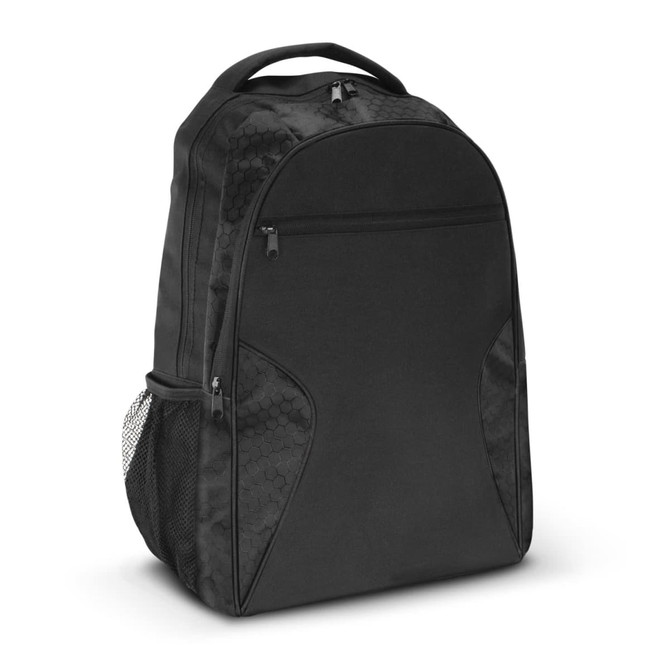 A black Artemis Laptop Backpack featuring a sleek design with hexagonal patterned accents and a side mesh pocket.