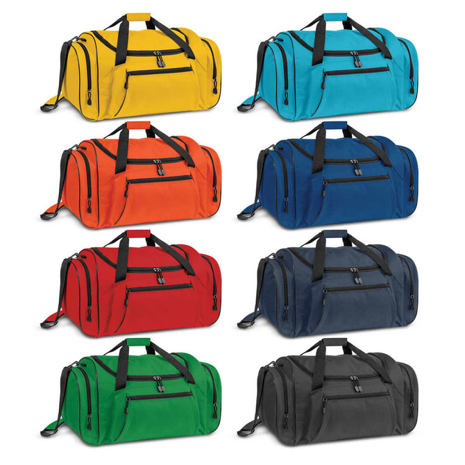 A collection of duffle bags in eight colours: yellow, turquoise, orange, red, blue, green, grey, and black, each with a logo.