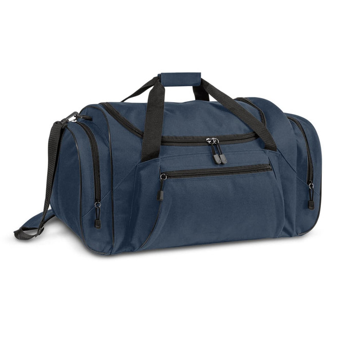 A navy duffle bag with multiple zippered pockets and a detachable shoulder strap, featuring a logo.
