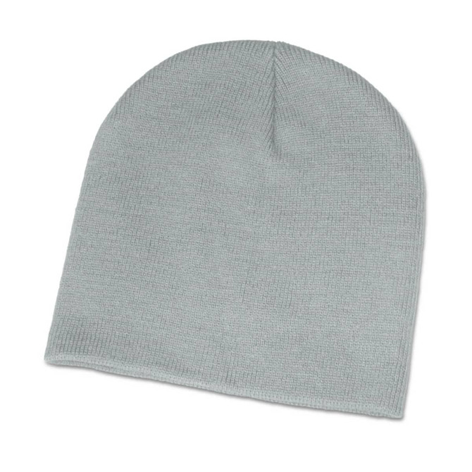 A light grey beanie with a simple, textured design. It features a logo on the side.