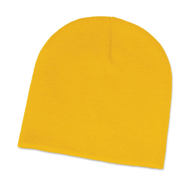 A bright yellow beanie hat designed for casual wear.