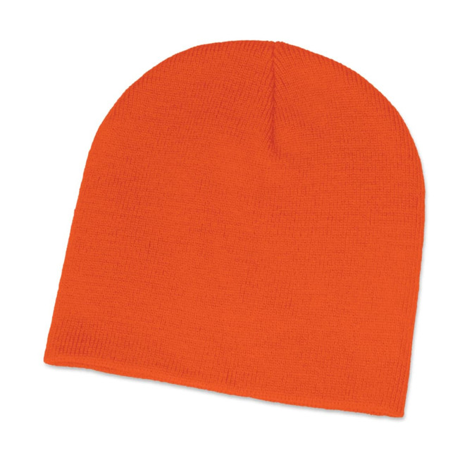 An orange beanie hat made of soft, textured fabric.