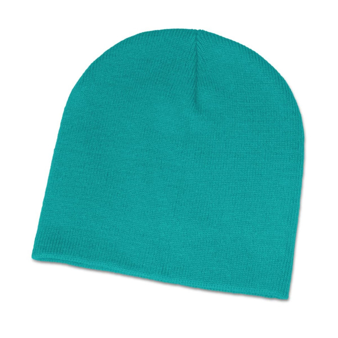 A teal beanie with a smooth texture and a snug fit, featuring a branding logo.