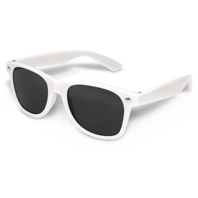 A pair of white sunglasses with dark lenses, featuring a design typical of casual, outdoor eyewear.