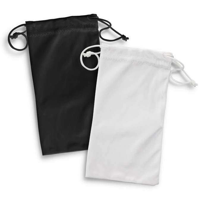Two drawstring pouches, one black and one white, designed for storing sunglasses or accessories.
