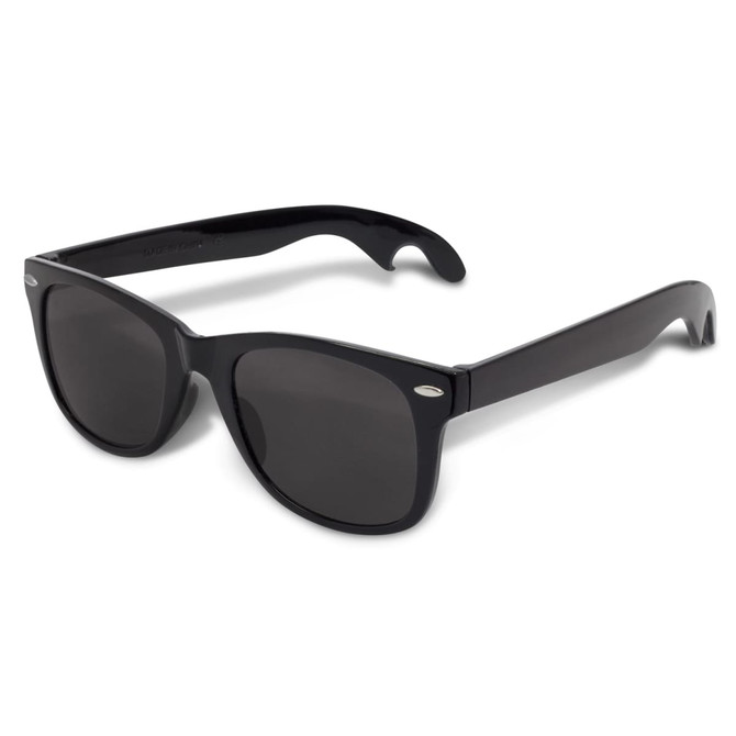 A drink bottle opener integrated into stylish black sunglasses, designed for leisure and outdoor activities.
