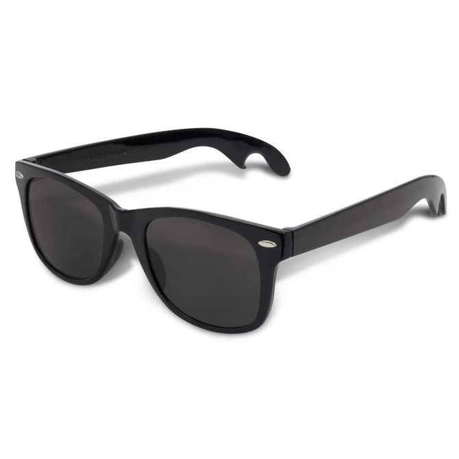 A pair of black sunglasses with dark lenses, featuring a logo on the side.