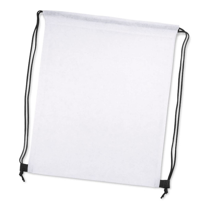 A white drawstring backpack with black cords and a simple design, featuring a logo.