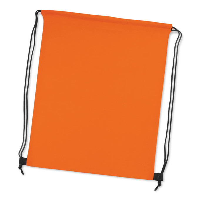 An orange drawstring backpack with black cords and no visible branding or text.