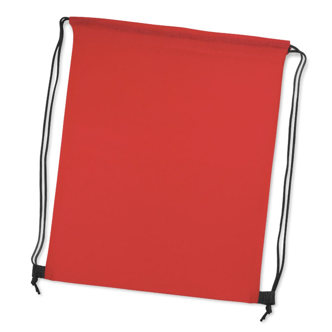 A red drawstring backpack with black cords and no visible logos or branding.