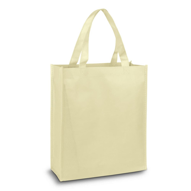 A light yellow tote bag with two handles and a simple design. It features a logo on one side.