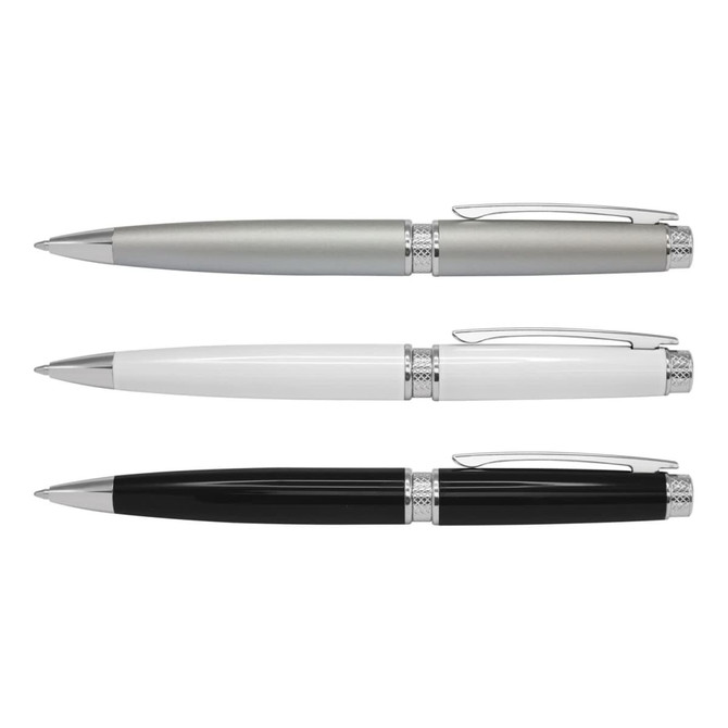 A collection of three metal pens in silver, white, and black finishes, showcasing a sleek design with chrome accents.