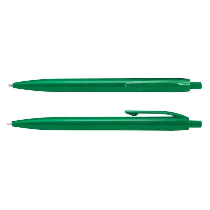 Two green plastic pens are displayed, featuring a smooth design and a clip for easy attachment.