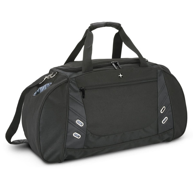 A sleek black sports bag with dual handles and a removable shoulder strap, featuring side pockets for extra storage.