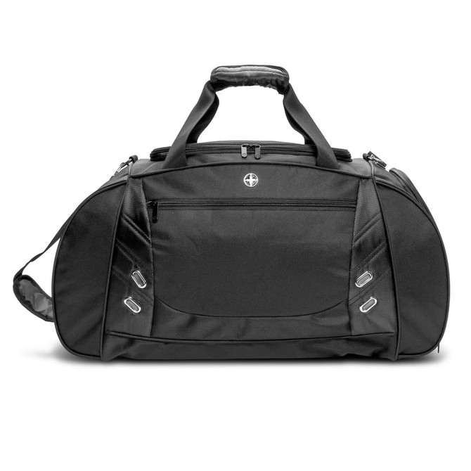 A black weekend or sport bag with dual handles, a shoulder strap, and a front pocket. It features a logo.