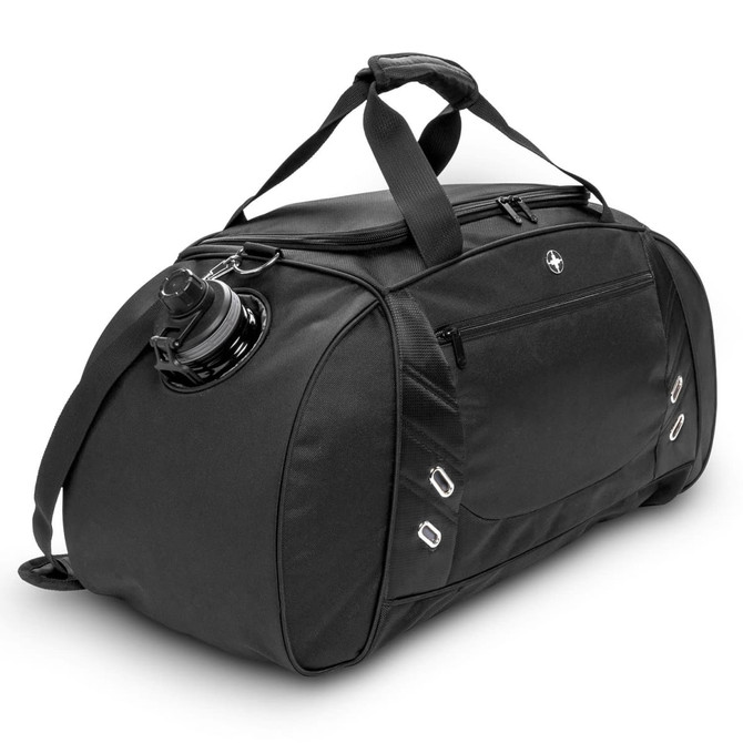 A black sport bag with a drink bottle holder and adjustable shoulder strap, featuring a logo.
