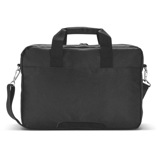 A black laptop bag with dual handles, a removable shoulder strap, and a logo on the front.