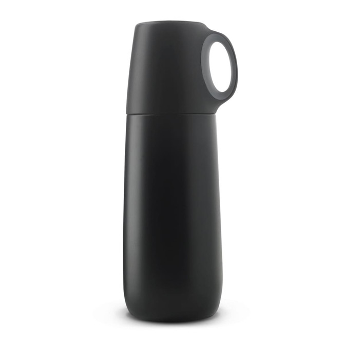 A drink bottle in sleek matte black, featuring a handle and a modern design. It has a logo on the surface.