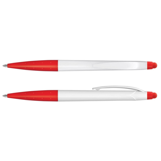 A stylus pen with a white barrel and red accents, featuring a clip and a smooth writing tip.