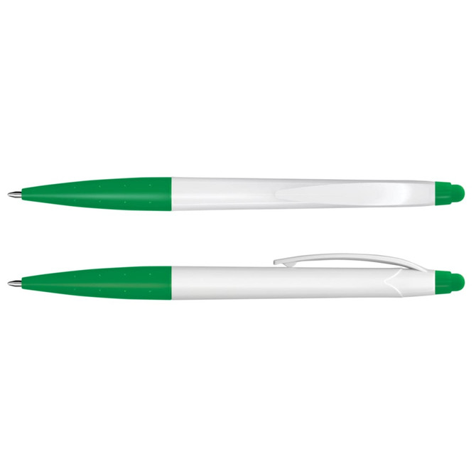 A stylus pen with a white barrel and green accents, featuring a sleek design and a cap.