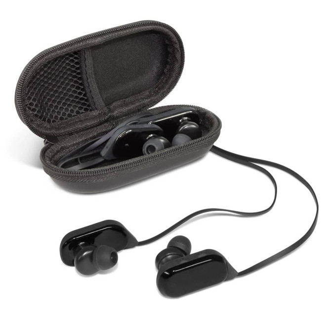 A pair of black Bluetooth earbuds inside a zipped case, featuring a mesh pocket for small accessories.