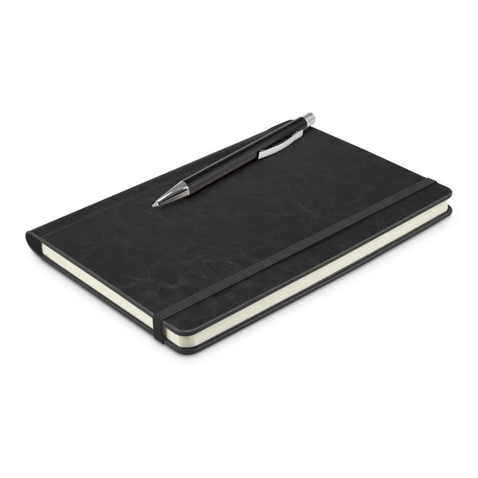 A black notebook with a pen resting on top, featuring a textured cover and an elastic band.
