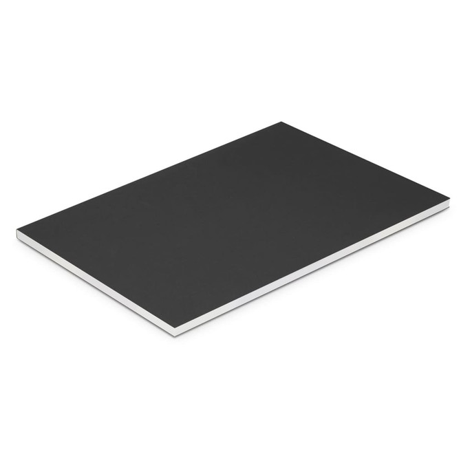 A large black notebook with a plain cover and white edges, featuring a logo on the front.