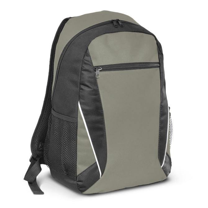 A backpack in a green and black color scheme with a zippered front pocket and mesh side pockets.