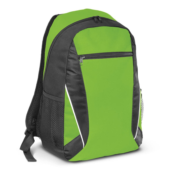A vibrant green backpack with black accents and a front zip pocket, featuring side mesh pockets for additional storage.
