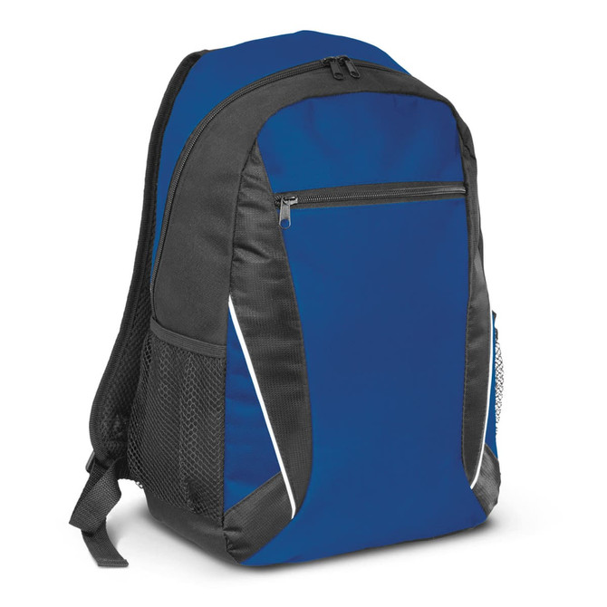 A blue and black backpack with a front zip pocket and side mesh pockets, featuring a logo.