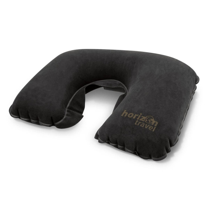 A comfortable black neck pillow with a U-shape design and a branding logo. Soft fabric surface visible.