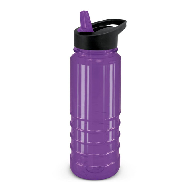 A drink bottle in purple with a black lid and a straw. It features a ridged design and has a logo.