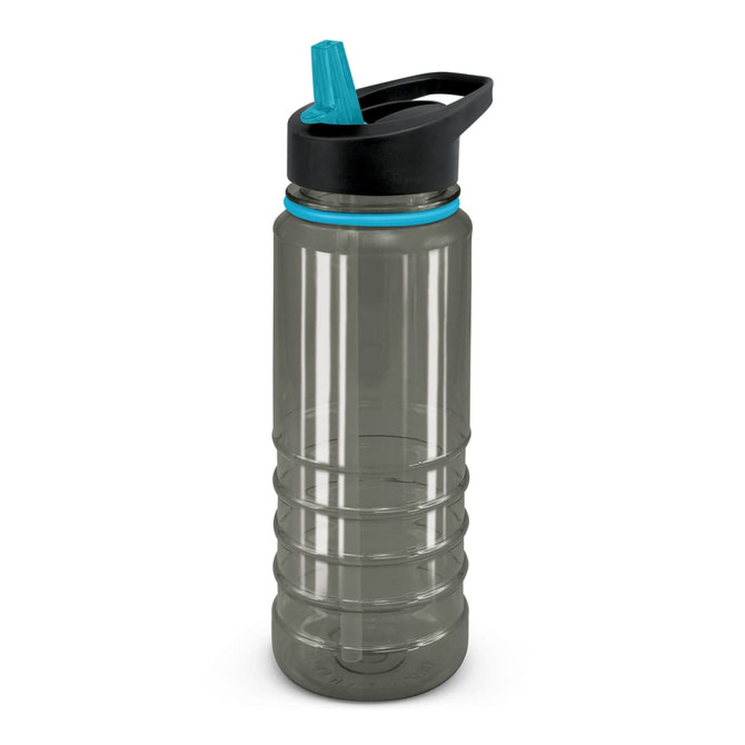 A drink bottle in clear and black with a teal spout and a ridged design. It features a logo.