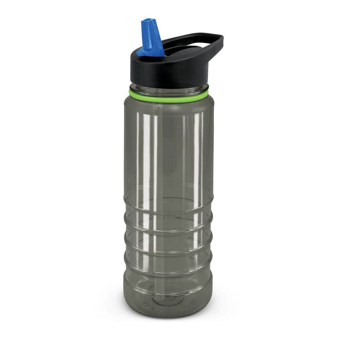 A drink bottle in clear plastic with a black lid and green band, featuring a blue spout and a logo on the side.