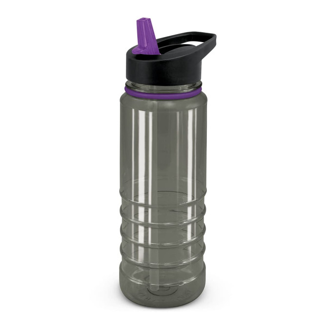 A drink bottle in clear plastic with a black and purple lid, featuring a textured grip design.