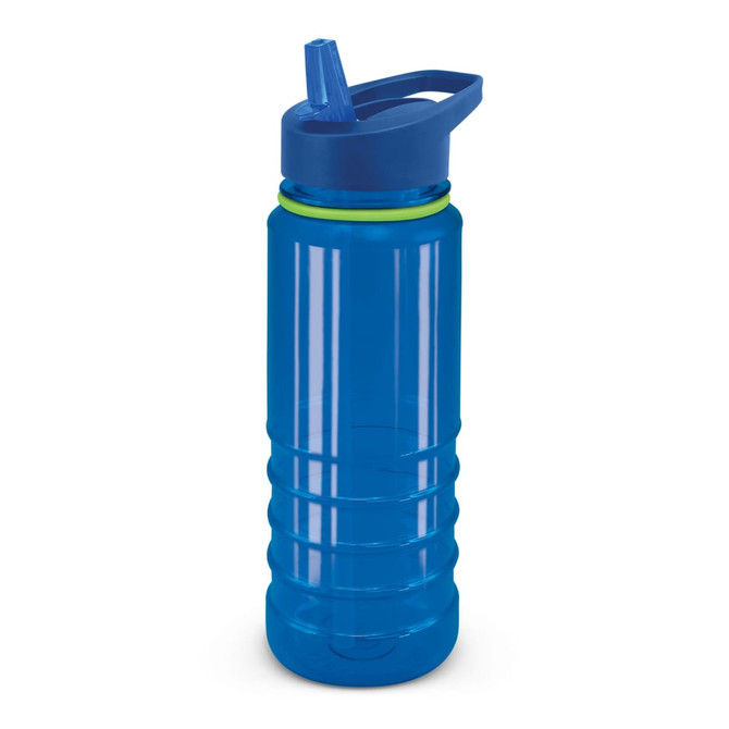 A drink bottle in transparent blue with a green band and a blue lid, featuring a spout and handle.