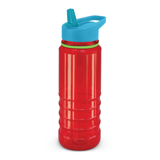 A drink bottle with a bright red body, blue lid, and green accent, featuring a spout and a textured grip.