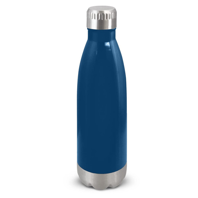 A drink bottle in a vibrant blue with a silver, stainless steel base and a screw-top lid. It features a logo.