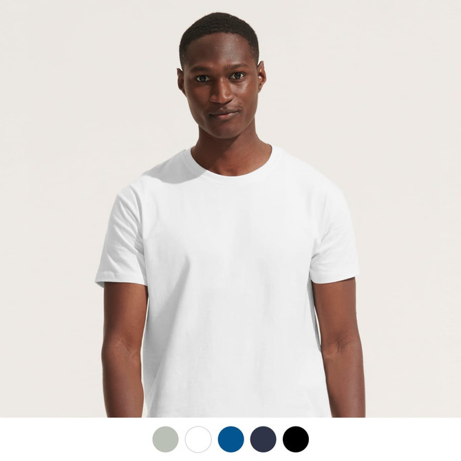 A fitted white adult T-shirt displayed on a model, featuring options for other colours below.