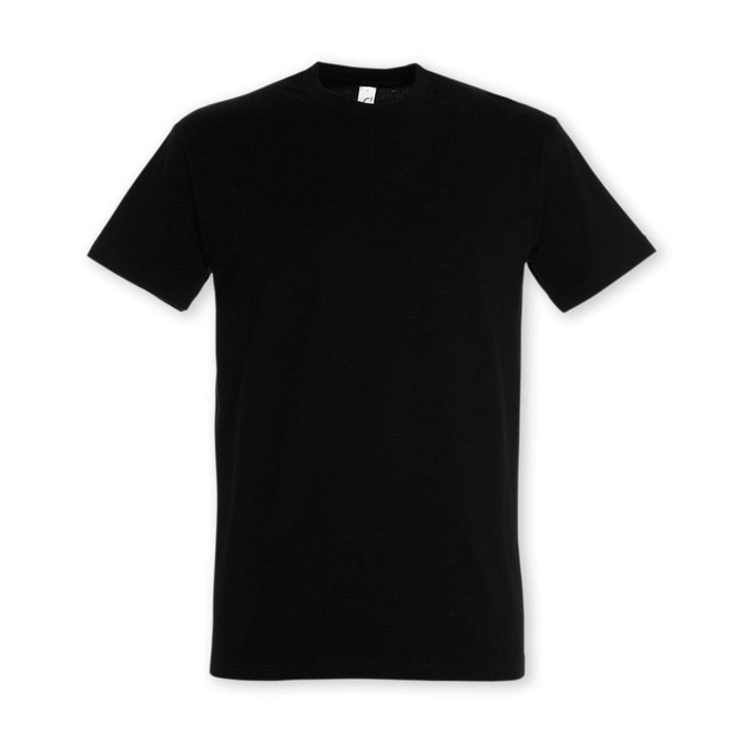 A plain black adult t-shirt with short sleeves. The shirt features a logo.