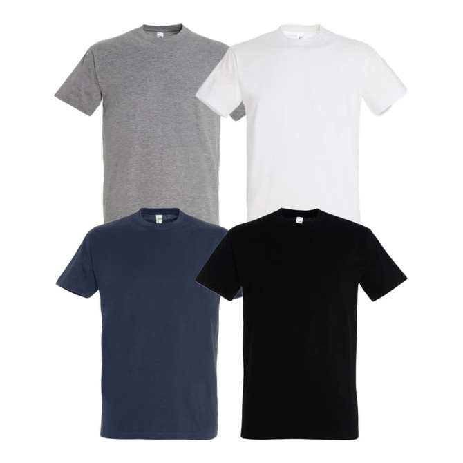 A collection of four adult T-shirts in grey, white, navy, and black, featuring simple designs and various colours.