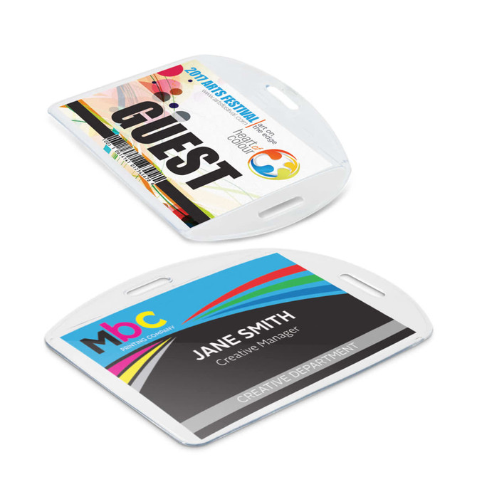 A clear plastic ID holder featuring a colourful front and a black and white back, with space for a name and title.