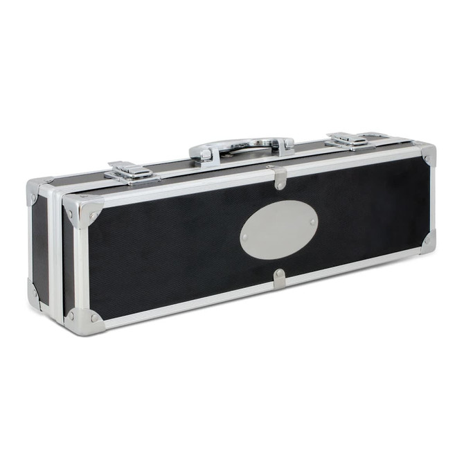 A black BBQ set case with silver accents and a handle, featuring metal clasps and an empty oval label area.