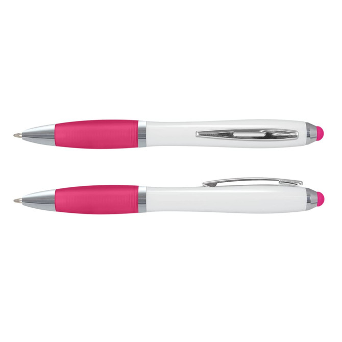 A stylus pen with a white barrel and pink accents, featuring a chrome clip and tip. It has a logo on the barrel.