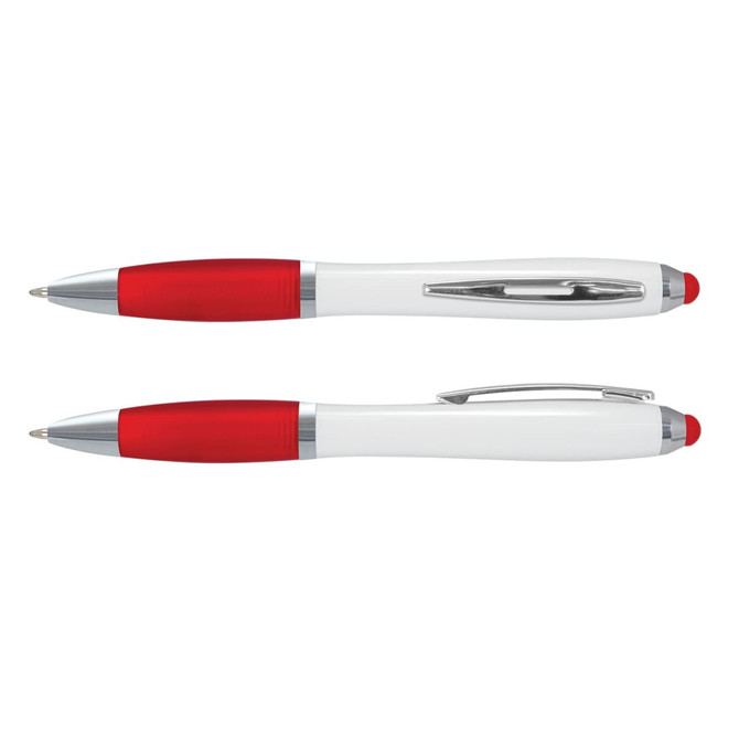 A sleek stylus pen with a white barrel and red accents, featuring a shiny clip and tip.