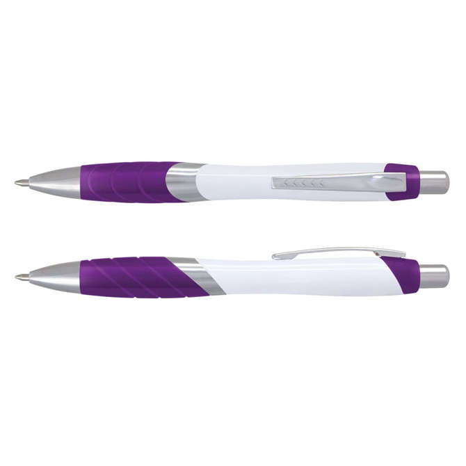 A plastic pen with a white barrel and a purple grip, featuring a shiny silver clip and tip. It has a branding logo.