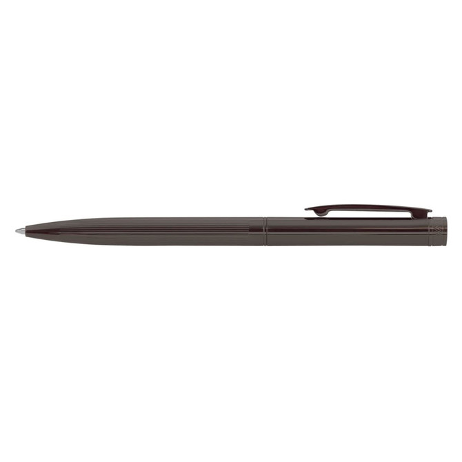 A metal pen in dark grey with a sleek design and a clip, featuring a logo on its body.